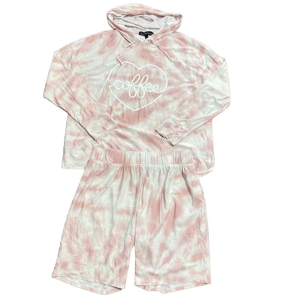 Derek Heart Pajama Set Women's Sz Large Hood Top & Shorts Tie Dye Barbiecore